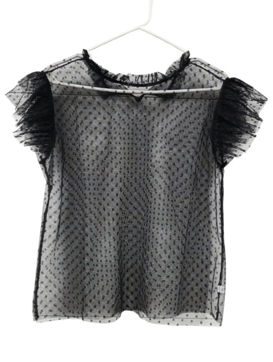 Amazon Tops - Sheer Polka Dot Ruffle Sleeve Top - Black Large